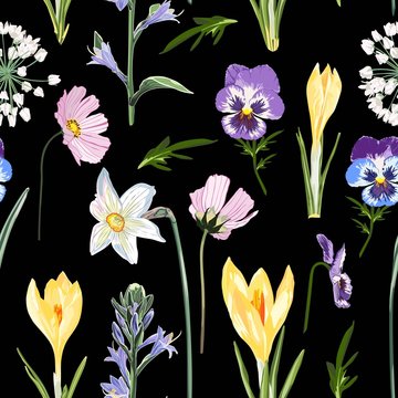 Crocuses with herbs and many kind of spring flowers and meadows seamless pattern. Watercolor style Illustration. Black background. Trendy spring flower wallpaper or fabric.