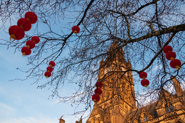 Manchester Town Hall Chinese New Year lantern decorations in Manchester, UK
