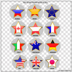 Bright set of banners with flags. Colorful illustration with flags of the world for web design. Vector illustration with transparent background.