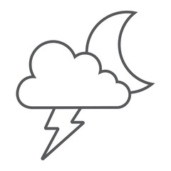 Cloud and lightning thin line icon, forecast and climate, thunder sign, vector graphics, a linear pattern on a white background.