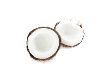 Split tropical coconut isolated on white background