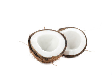 Split tropical coconut isolated on white background