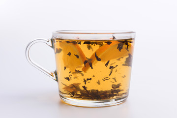 Cup of black tea isolated on white background