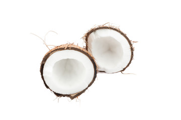 Split tropical coconut isolated on white background