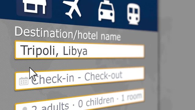 Online hotel search in Tripoli on some booking site. Travel to Libya conceptual 3D animation