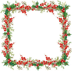 Square Christmas wreath with branches, holly, cranberries green and red