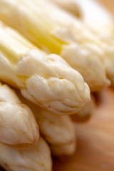 New harvest of white asparagus vegetable in spring season , washed white asparagus ready to cook, spring menu for restaurants
