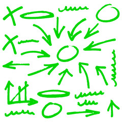 Highlighting elements, arrows, circles and abstract doodle writing design set, green isolated on white background, vector illustration.