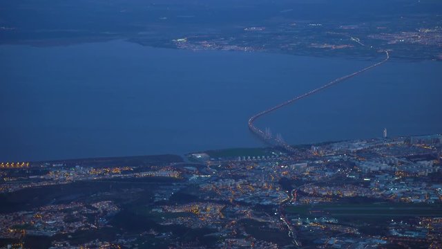 Aerial view of Vasco da Gama Bridge Lisbon Portugal. Both river banks of tagus river. City view Lisbon, Samouco and Montijo, Expo 98, Nations Park