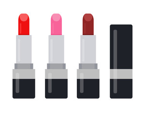 Obraz premium Three bright red lipsticks vector flat isolated