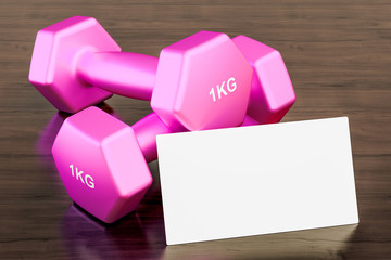 Blank business card for fitness trainer on the wooden desk background. 3D rendering