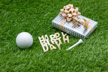 Naklejka premium Happy Birthday to golfer with golf ball on green 