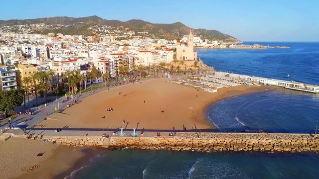 Beach of Sitges, coastal village of Barcelona,Spain. Aerial Footage