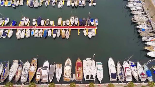 Aerial view of boats in  Sitges, coastal village of Barcelona,Spain. Drone Footage