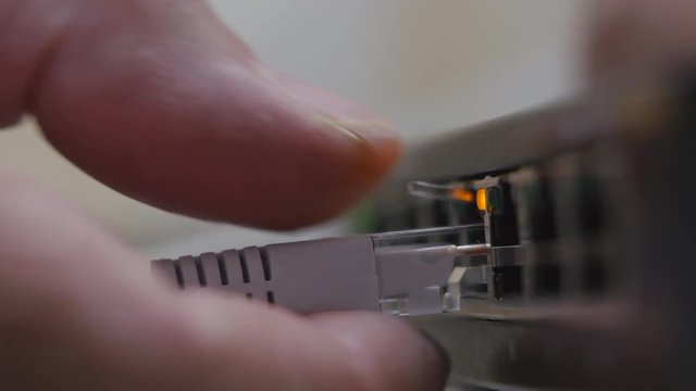 Male Hand Take Out White Data Cable From The Gigabit Network Switch.