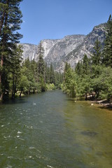 Yosemite National Park, CA., U.S.A. June 25, 2017. Mercer river at flood stage out of its banks throughout Yosemite National Park valley.  
