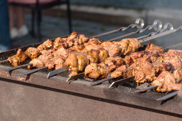 street food skewers, meat is fried on the fire, the process of cooking meat on the fire