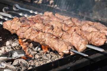 street food skewers, meat is fried on the fire, the process of cooking meat on the fire
