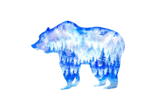 Bear silhouette. Image of a wild forest animal.Landscape with fir trees and fog Watercolor hand drawn illustration.White background.