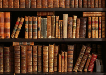 old books on wooden shelf