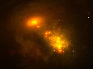 Starfield, stars and space dust scattered throughout the universe. Vast open interstellar space, cosmic abstract artwork. Distant swirling galaxies, interplanetary travel, outer space artwork.