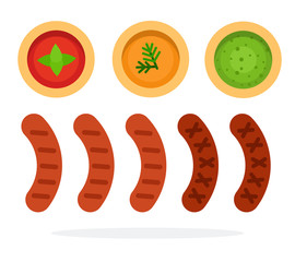 Grilled sausages in a row. Tomato, mustard and pesto sauce vector flat isolated