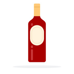 Closed bottle of red wine with emblem flat isolated