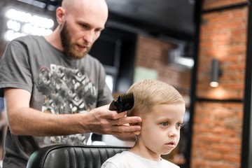 Barber cutting a little boy's hair