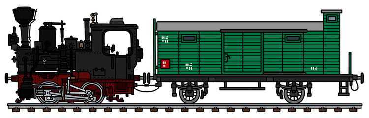 The vectorized hand drawing of a vintage black small steam locomotive and the green freight wagon