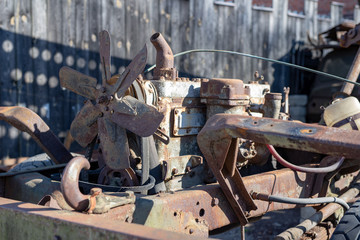 An old diesel engine in a military car. Old exhibits in the museum of tecniki.