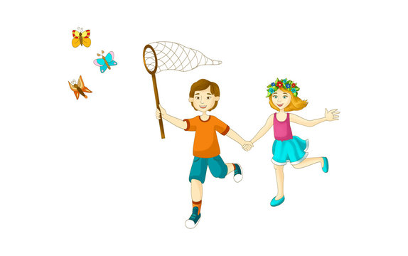 Children run together and catch butterflies.