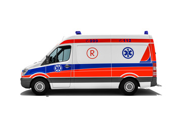 Ambulanz oder Krankenwagen von Rettungsdienst für Notfall und Notfallrettung eines Verletzten zum Krankenhaus