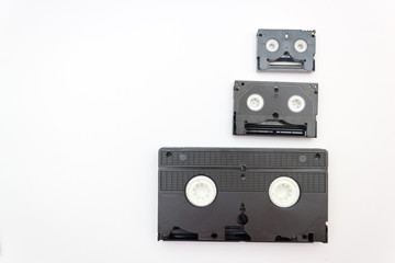 Set of vintage video cassettes, video cassette on a white background.