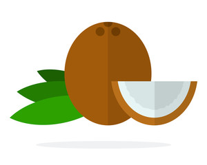Whole coconut, coconut leaves and a piece of coconut flat isolated