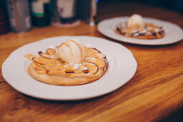 Eat sweet dessert cuisine tart Pancake in cafe menu.Pastry products close up.Delicious menu item in restaurant.Enjoy fresh Layered cake vanilla custard served fruit slices peach exotic cream pie Diet.