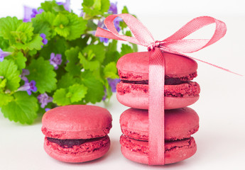 Sweet almond macaroon dessert with berry. French sweet biscuits.