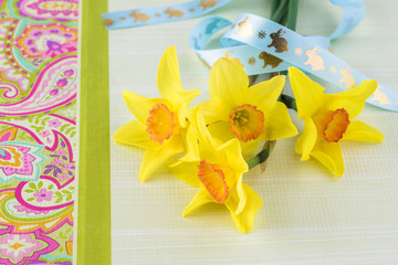 Greeting card with spring flowers  for Easter.