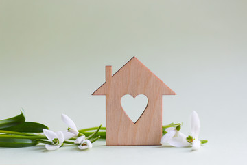 Closeup wooden house with hole in form of heart with tender white snowdrops flowers on light green background with copy space.
