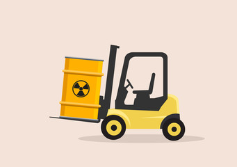 Barrel with radioactive waste on the forklift truck