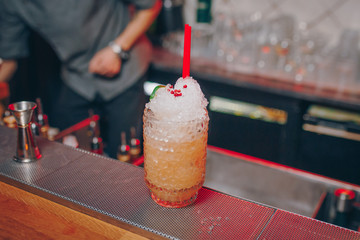 Waiter serving Hot Grilled Skewers chicken beef fillet meat with Fresh arugula Cabbage salad With mustard at restaurant, close up view. Selective focus. Design Gourmet and luxury concept service