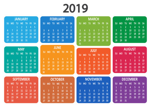 Colorful calendar 2019. Week starts from Sunday. Vector illustration