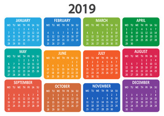 Colorful calendar 2019. Week starts from Monday. Vector illustration