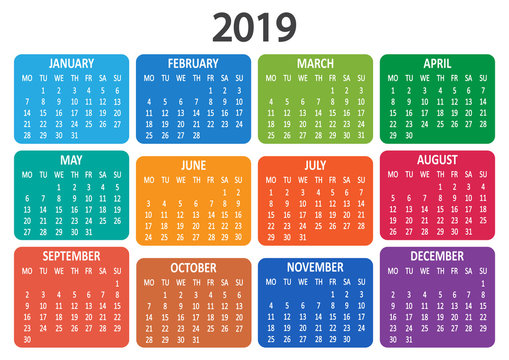 Colorful calendar 2019. Week starts from Monday. Vector illustration