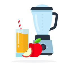 Blender for fruit, apple juice in a glass with straws and a red apple near flat isolated