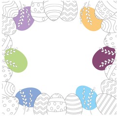 Easter frame with easter eggs hand drawn on white background
