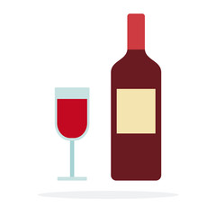 A bottle and a glass of red wine flat isolated