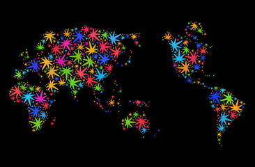 Bright vector marijuana worldwide map collage on a black background. Template with bright herbal leaves for hemp legalize campaign. Vector worldwide map is formed with herbal leaves.