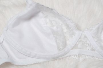 Obraz na płótnie Canvas White lace bra, inner side. Flat lay. Fashion lingerie concept.