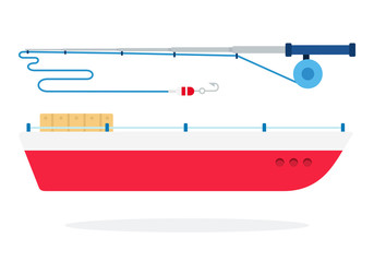 Obraz premium Fishing boat and spinning vector flat isolated
