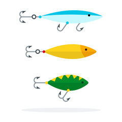 Wobbler in the form of fish of different colors flat isolated